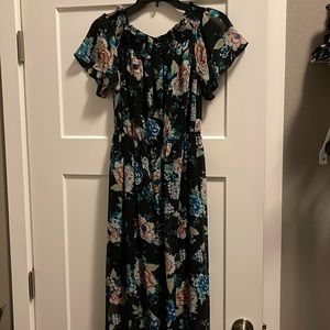 Long, floral maxi dress off the shoulder